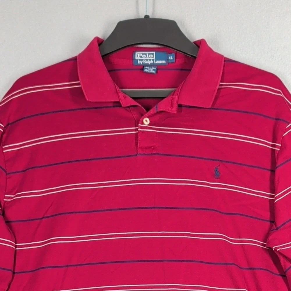 Polo‎ Ralph Lauren Polo Shirt Mens XL Red Striped Pima Cotton Long Sleeve Casual